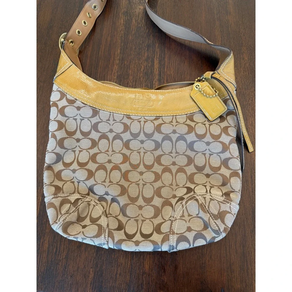 Coach Signature Jacquard Hobo Bag Yellow Patent Leather Trim Khaki Monogram